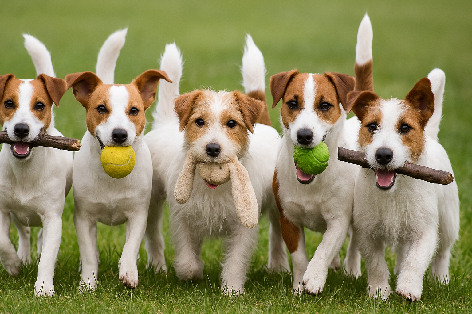 Five jack russel terriers line up each with a ball or stick or plush toy in their mouths, ready to play fetch.