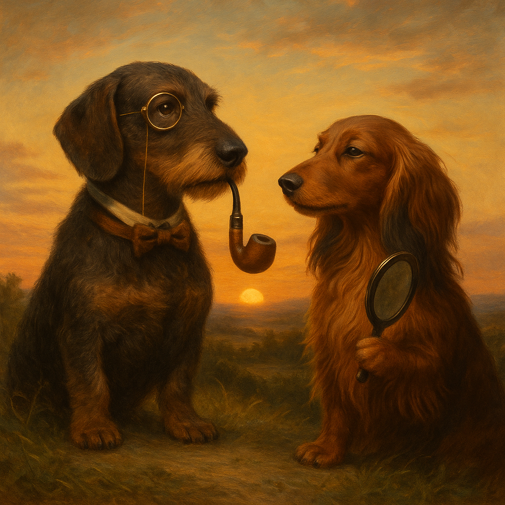 Two dachshunds at sunset—one wire-haired with a monocle and pipe, the other a long-haired mini gazing into a mirror.