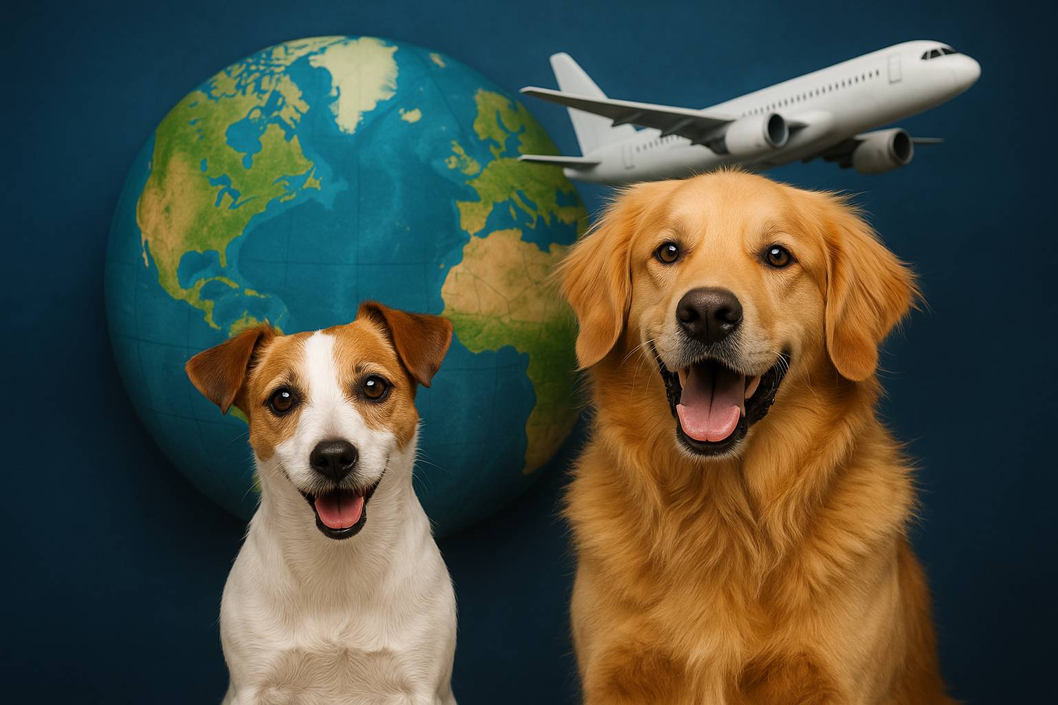 At Jack Russell Terrier and a Golden Retriver sit in front of a globe and an airplane flying past.