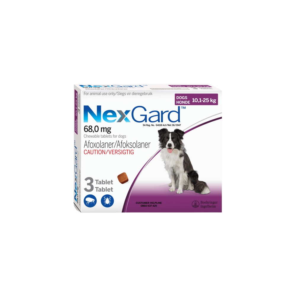 Nexgard Tick, Flea & Mite 10.1kg to 25kg (Purple) For Dogs Pack of 3