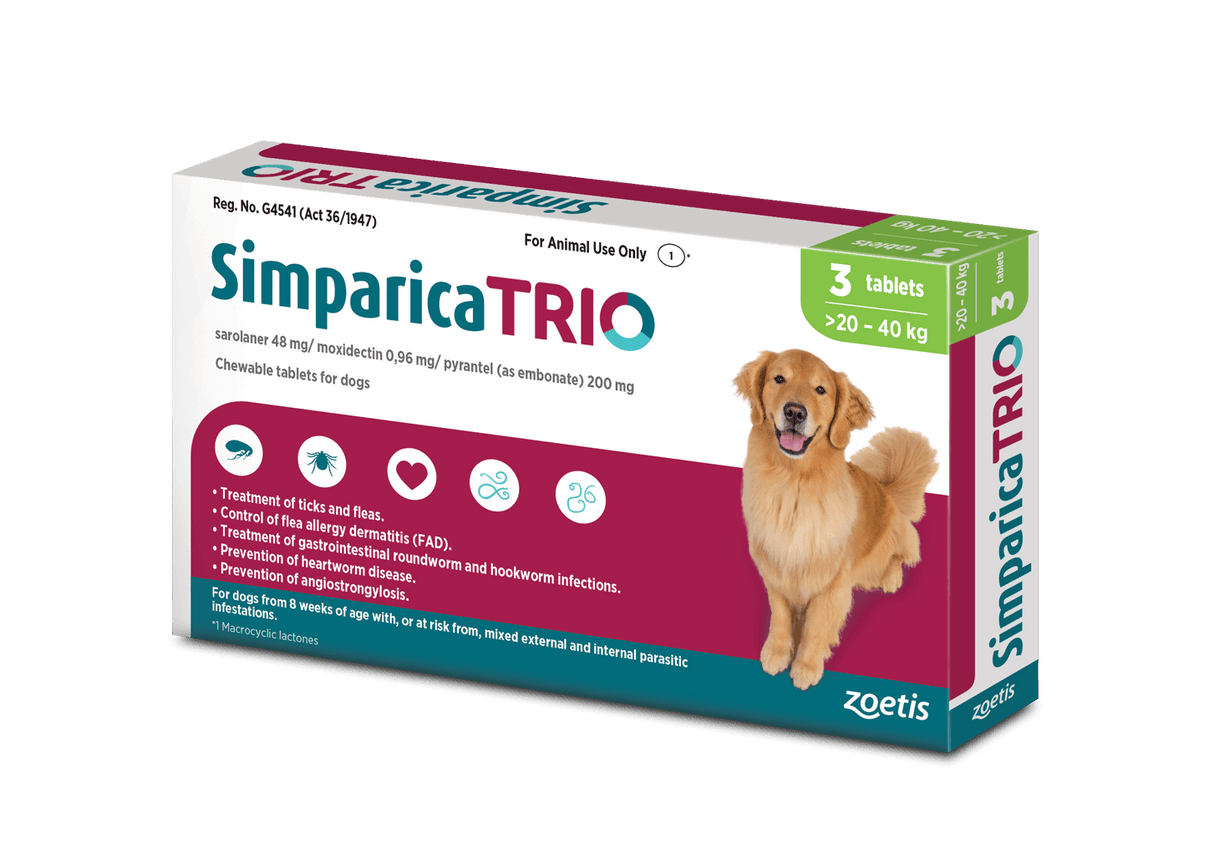 Simparica Trio For Dogs 20.1kg - 40kg x 3 Tablets (Green)
