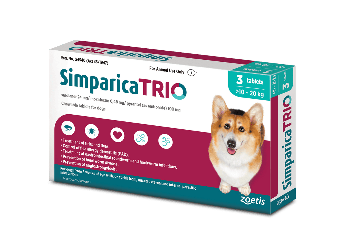 Simparica Trio For Dogs 10.1kg - 20kg x 3 Tablets (Teal)