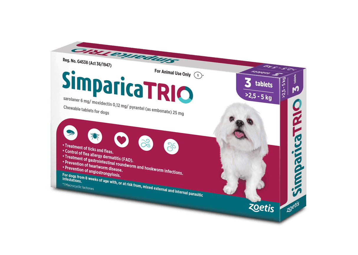 Simparica Trio For Dogs 2.6kg - 5kg x 3 Tablets (Purple) - Petworld