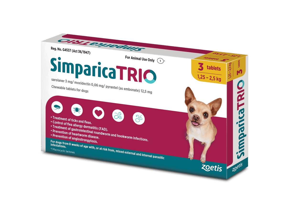 Simparica Trio For Dogs 1.25kg - 2.5kg x 3 Tablets (Gold) - Petworld