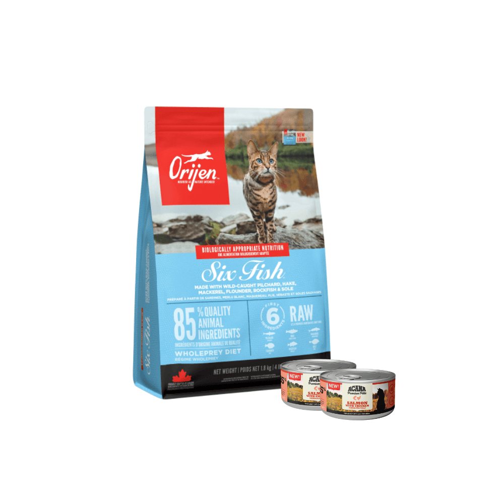 Buy Orijen Six Fish Dry Cat Food 1.8kg and get 2 FREE Acana Pate cans 2x Salmon