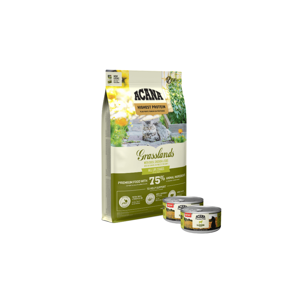 Buy Acana Highest Protein Grasslands All Life Stages and get 2 FREE Acana Pate cans - 2 x Lamb