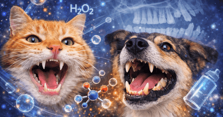 Close-ups of a dog's and a cat's mouth showing their clean white teeth.