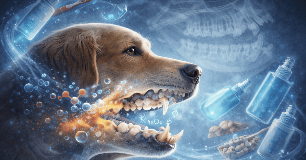 Image of an open dog's mouth with dental care products in the background.