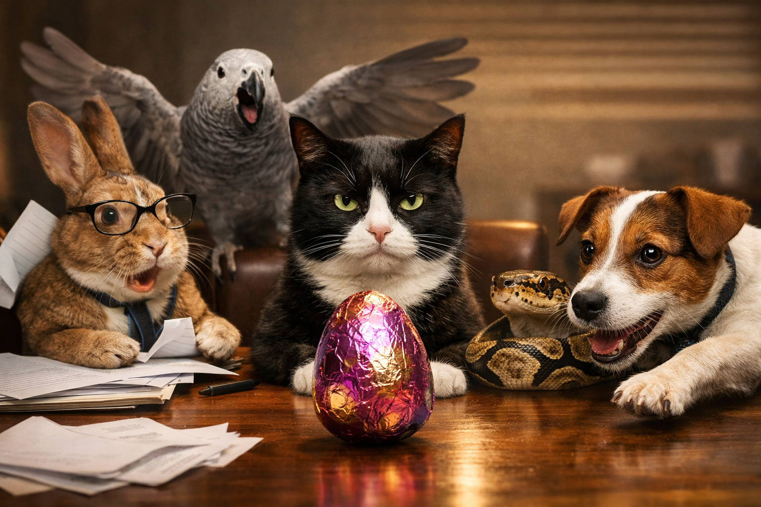Pets gathered around table with Easter chocolate highlighting pet chocolate poisoning risk