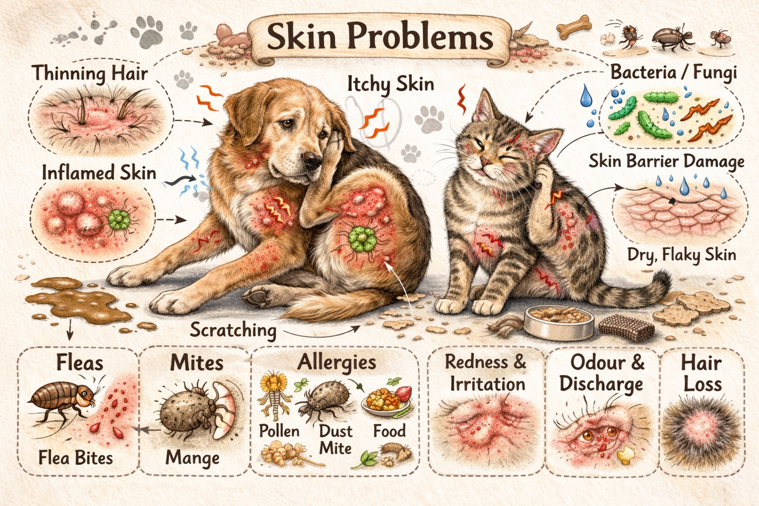 Infographic of a dog and a cat outlining various kinds of skin disease.