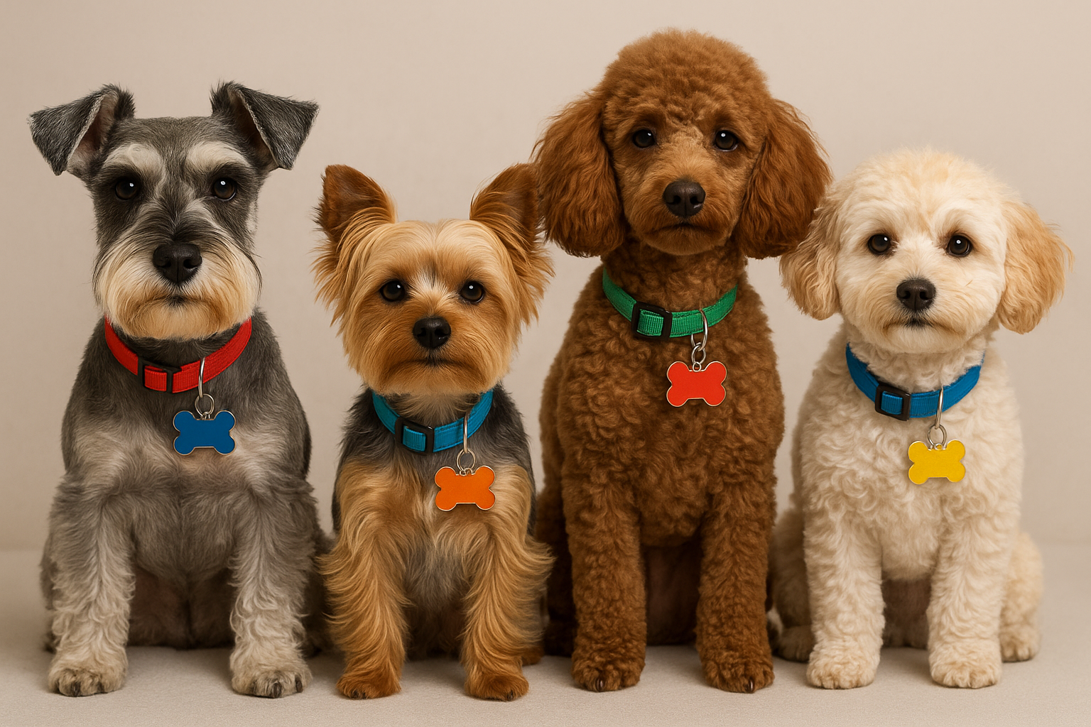 A group of hypoallergenic dogs - Schnauzer, Yorkie, Poodle and Multipoo - sit in a line with brightly coloured name tags and collars on.