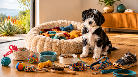 Puppy Preparation essentials with a black and white puppy, colourful toys, bed, harness, leash and chewed shoes
