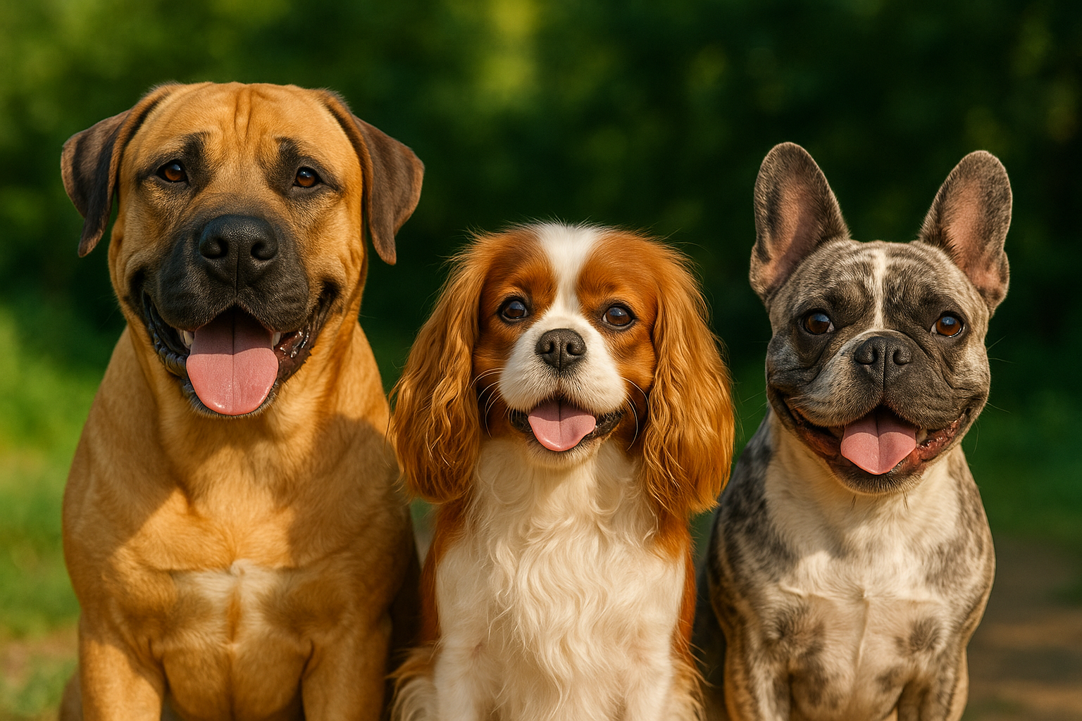 Three of South Africa's top dog breed for families: Boerboel, Cavalier and French Bulldog.