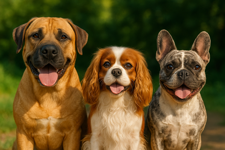 Three of South Africa's top dog breed for families: Boerboel, Cavalier and French Bulldog.