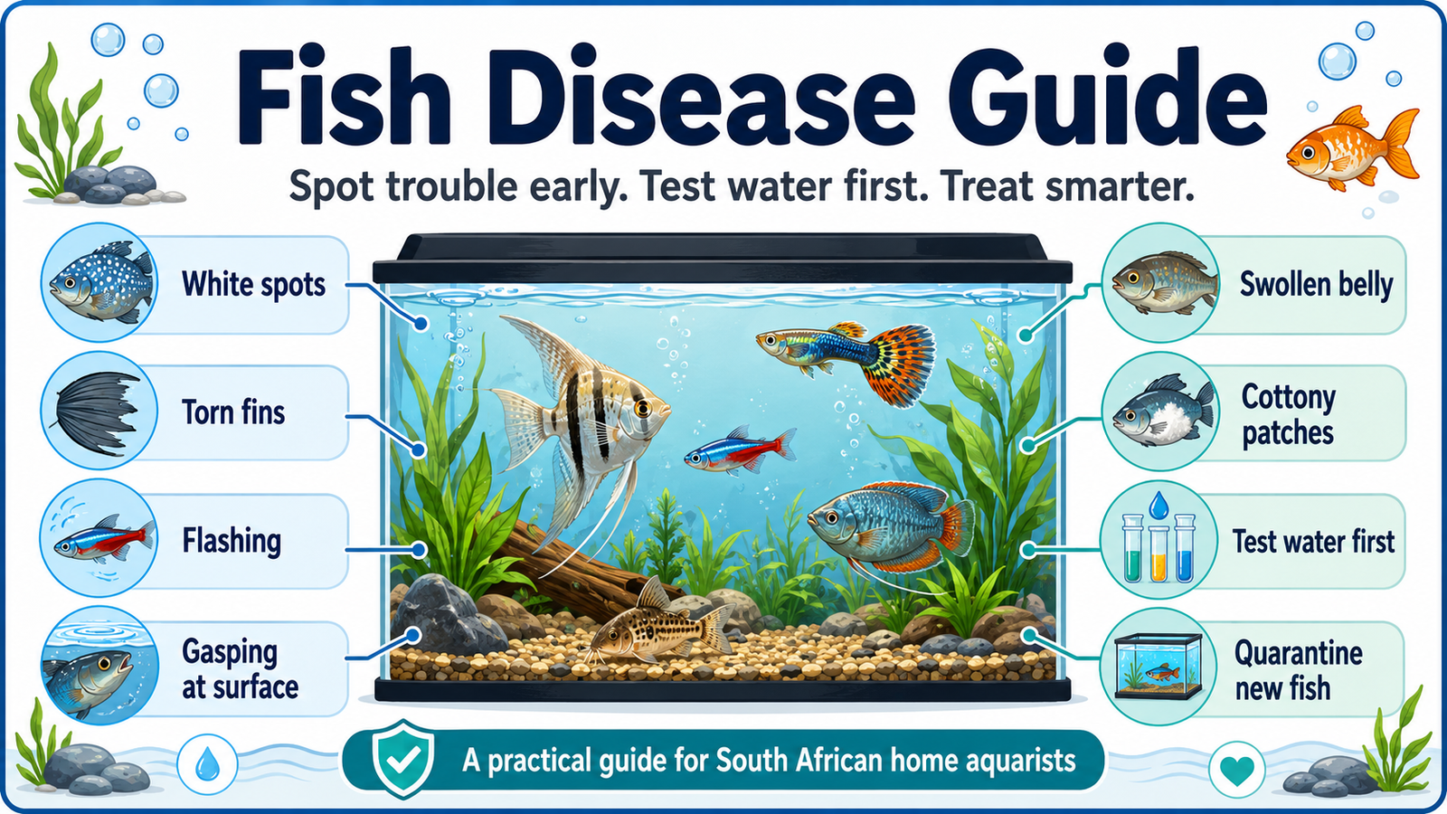 An infographic showing an aquarium and noting all the common diseases this fish disease guide helps with.