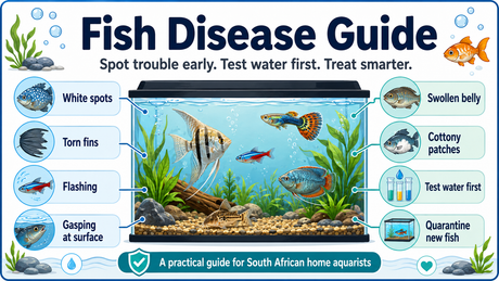 An infographic showing an aquarium and noting all the common diseases this fish disease guide helps with.
