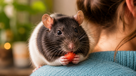 A black and white rat sits on a woman's shoulder eating a piece of fruit; getting good rat nutirition.