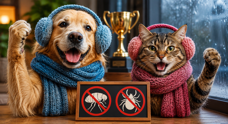 A cat and dog wearing earmuffs and scarves raise their paws in celebration in victory over ticks and fleas.