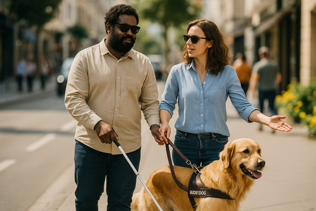 A woman in a blue shirt helps a blind man navigate the busy paevement with his guide dog.