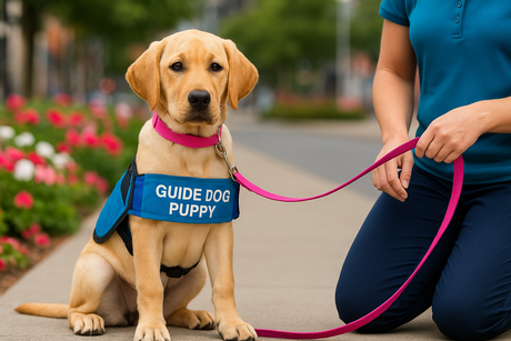 A Labrador puppy in training wearing a blue vest its on the pavement with her trainer. 
