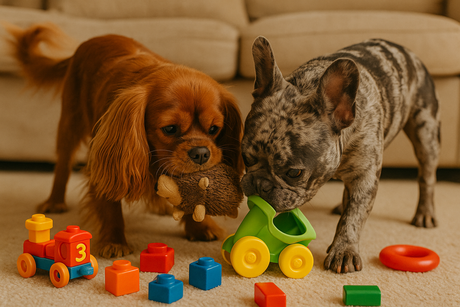 A ruby Cavalier King Charles Spaniel and a dappled French Bulldog play with the kid's toys.