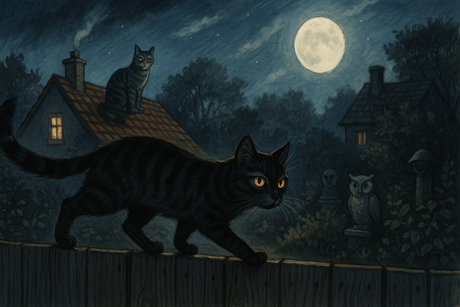 A black cat in the shadows outside, amber eyes shining in the moonlight.