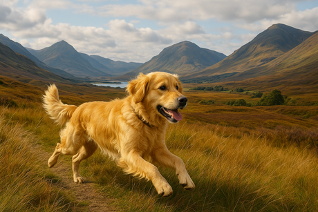A golden retriever runs across the fields in the Scottish highlands.