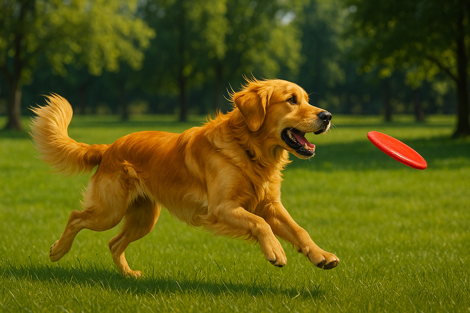 A Golden Retreiver races across the grass about to catch a red frisbee. 