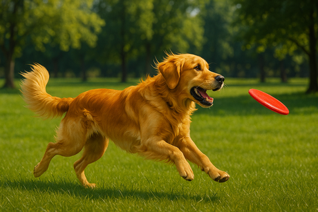 A Golden Retreiver races across the grass about to catch a red frisbee. 