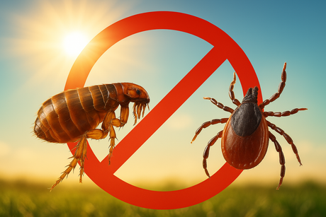 A no entry symbol over a flea and tick drawing with the sun shining in the backgound.