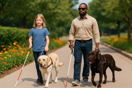 A man and a young girl walk down the road together with their guide dogs and walking canes.