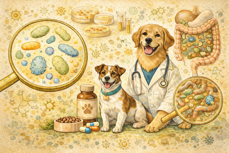 A Jack Russell and a Golden Retriever in a lab coat sit surrounded for lab equipment.