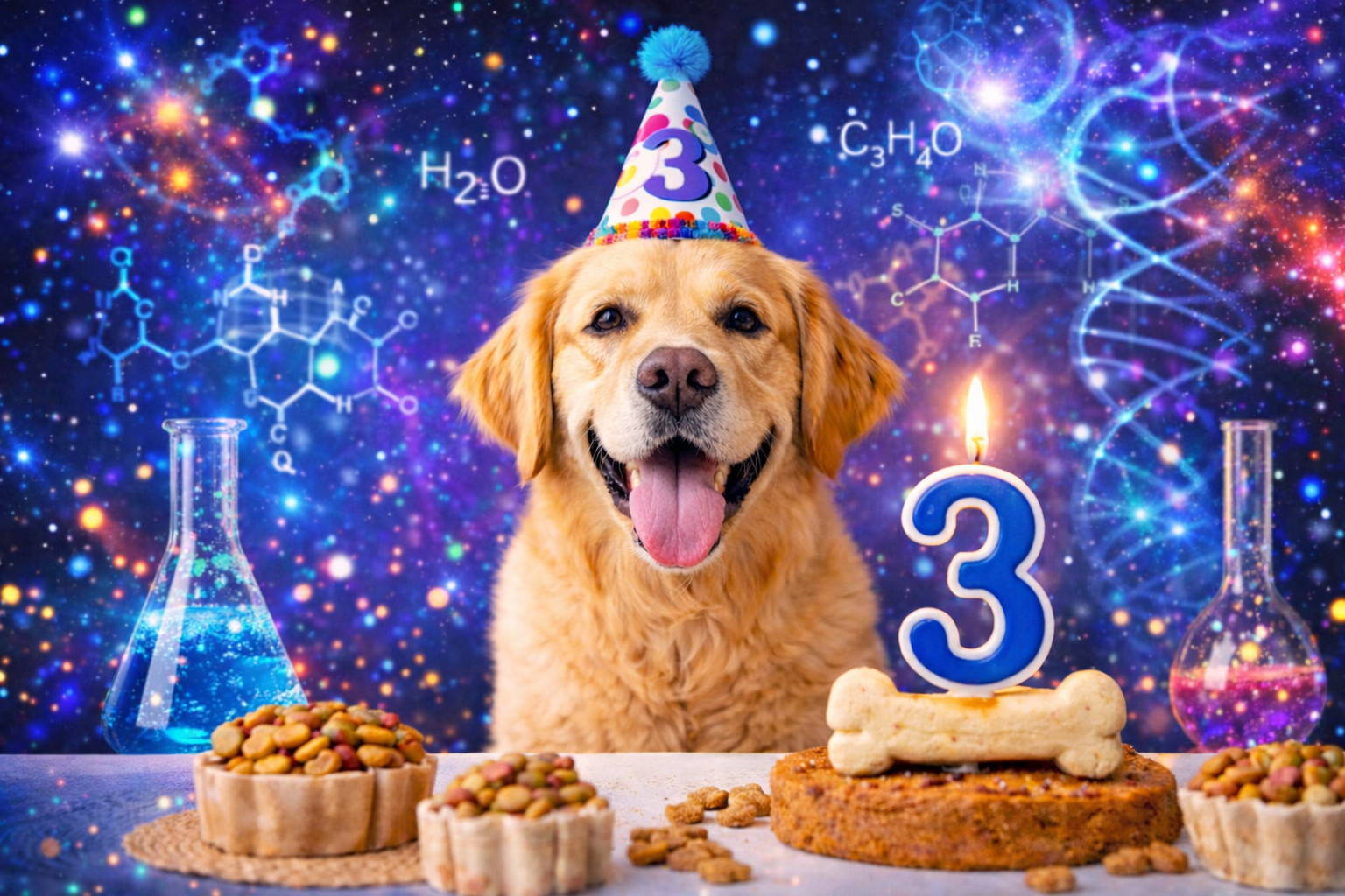 A spapce-themed birthday party for a Golden Retriver turning three.