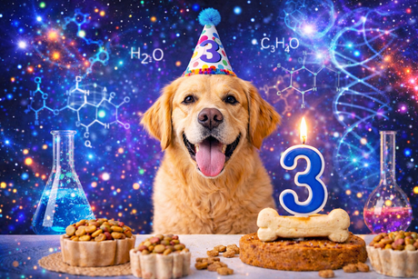 A spapce-themed birthday party for a Golden Retriver turning three.