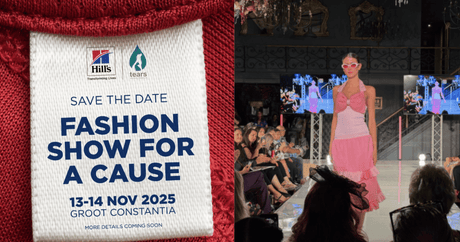 The HIll's and Tears fashion show ad next a model in pink walking down the catwalk.