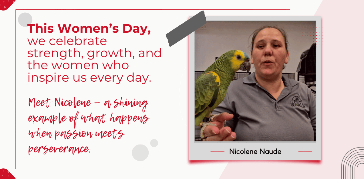Women’s Day celebration at Petworld featuring Nicolene Naudé with a parrot on her shoulder
