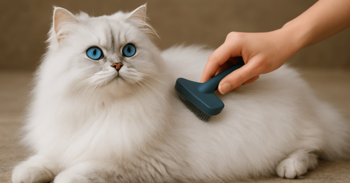 A white and grey Persian cat with blue eyes is lying down while being brushed.