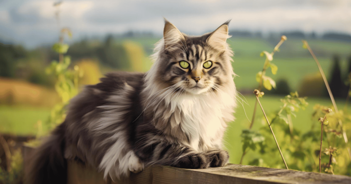 A maine coon sits on the wooden fence with fields rolling behind him.