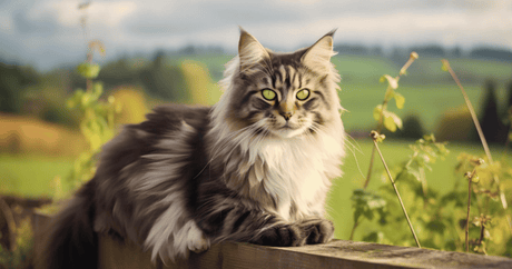 A maine coon sits on the wooden fence with fields rolling behind him.