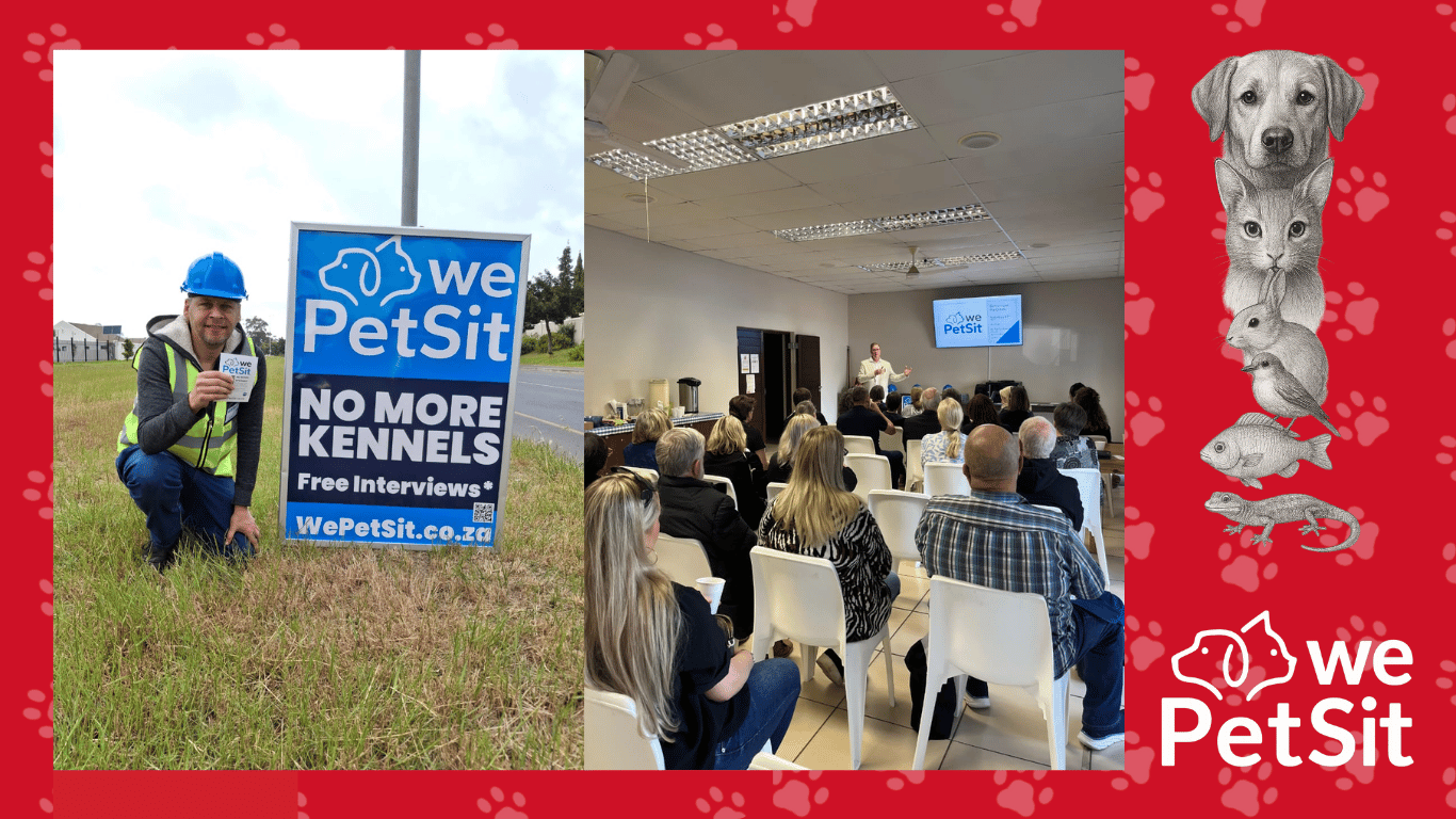 WePetSit formal traning in progress with a sign with their logo and the slogan No More Kennels.