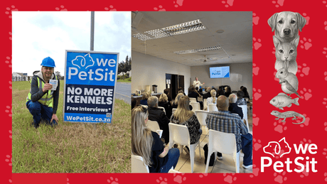 WePetSit formal traning in progress with a sign with their logo and the slogan No More Kennels.