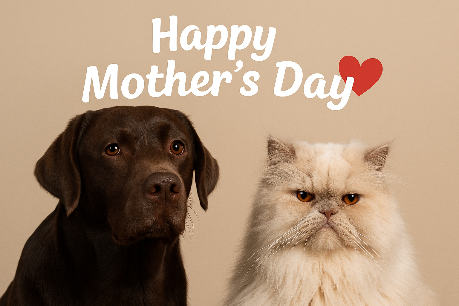 Chocolate Labrador and Persian cat celebrate dog mom, cat mom, and pet adoption love — Happy Mother’s Day image for pet parents.