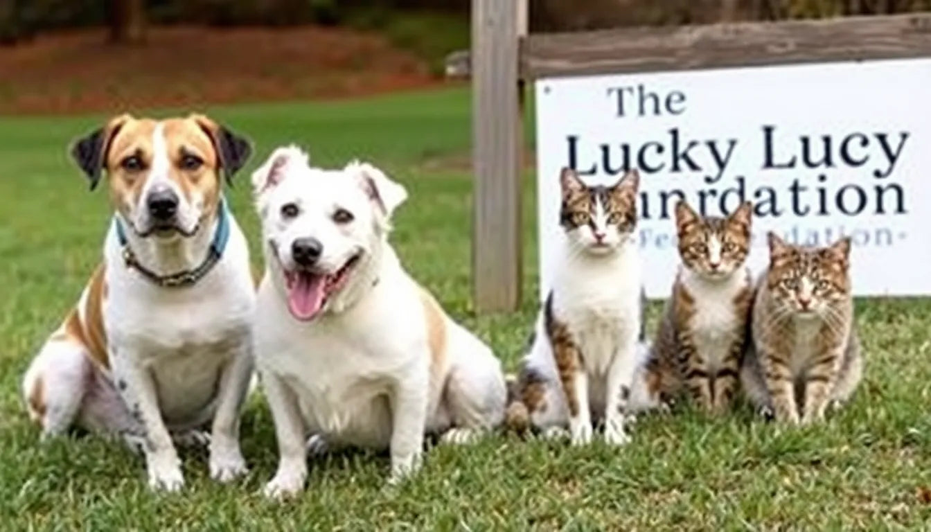 Two mized breed dogs and three cats sit on the grass in front of the Lucky Lucy Foundations sign.