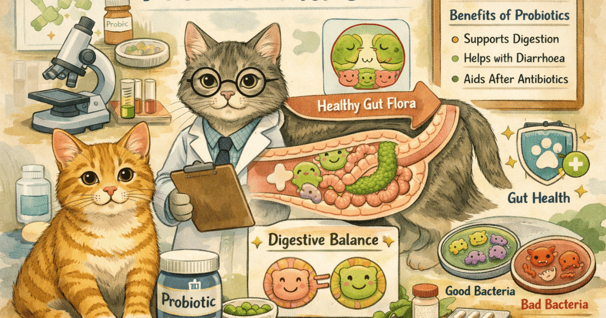 An infographic featuring Preofessor and Biscuit surrounded by drawings of biology of digestive systems and prebiotic for cats. 