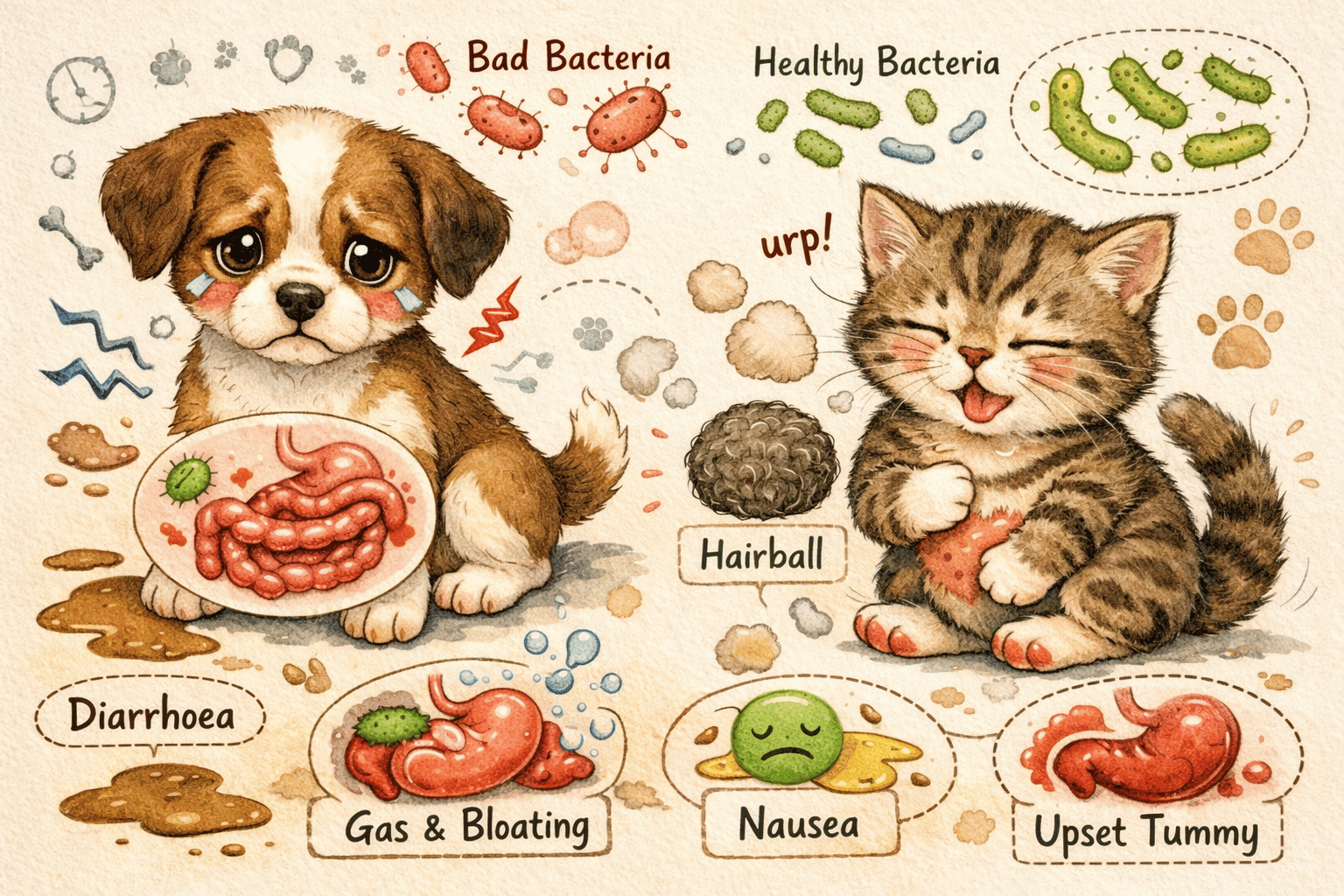 An infogram of a puppy and kitten experience digestive issues with symptoms listed.