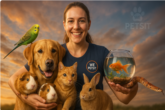 A petsitter in a blue T-shirt sits with all kinds of pets from a fish to a cockatiel to a snake in her arms.