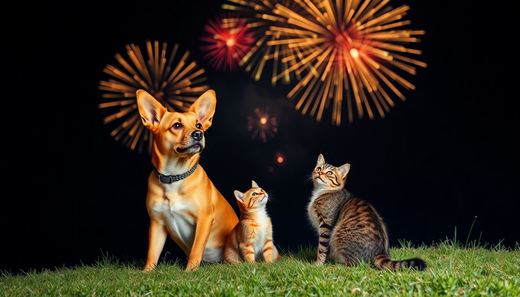 A dog, cat and kitten, gaze at the night sky filled with fireworks on display.