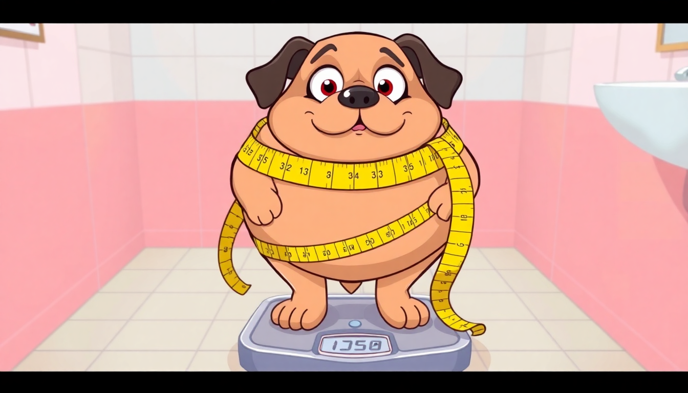An overweight dog stands on the scale with a tape measure around his belly as thinks about dog weight control food options.