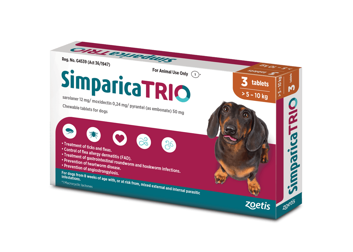 Simparica Trio For Dogs 5.1kg - 10kg x 3 Tablets (Caramel)
