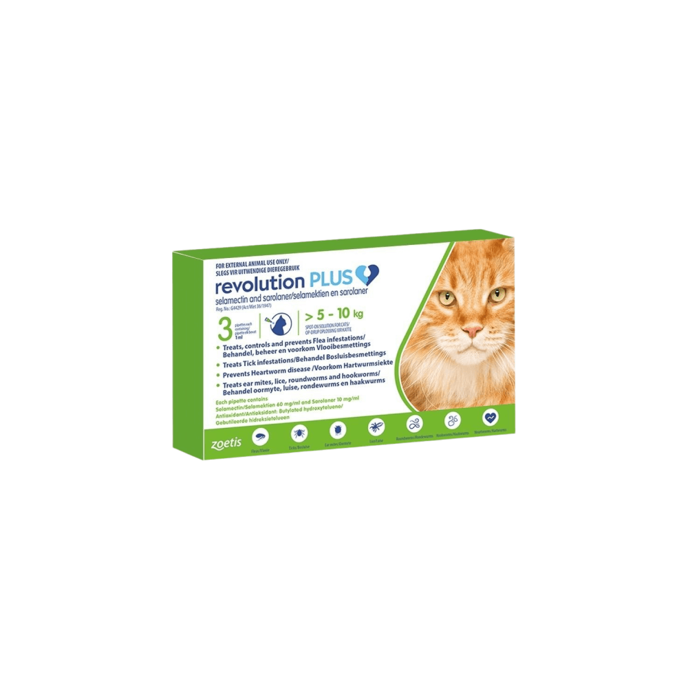 Revolution Plus Green (5 to 10kg) - Cat Tick & Flea Treatment Pack Of 3